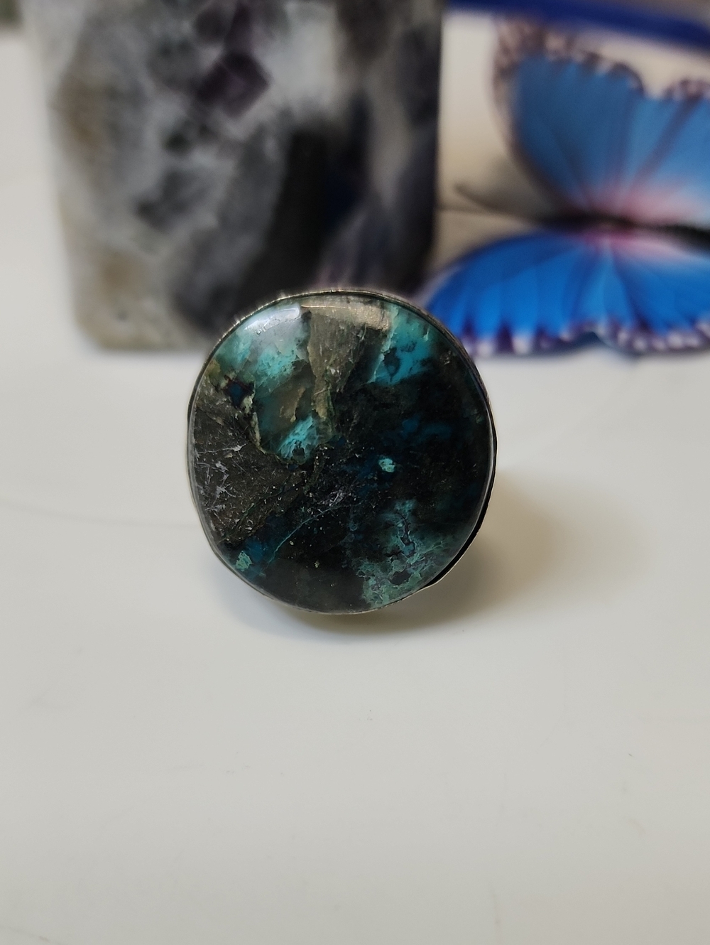 Round Chrysocolla Statement Ring in Teal Green